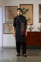 Black Self Kurta and Patiala Pants with Classic Motif Stole