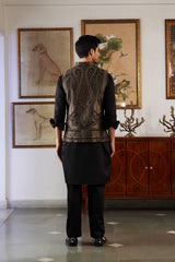 Black Gold Paisley Woven Jacquard Jacket with Kurta & Pant