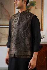 Black Gold Paisley Woven Jacquard Jacket with Kurta & Pant