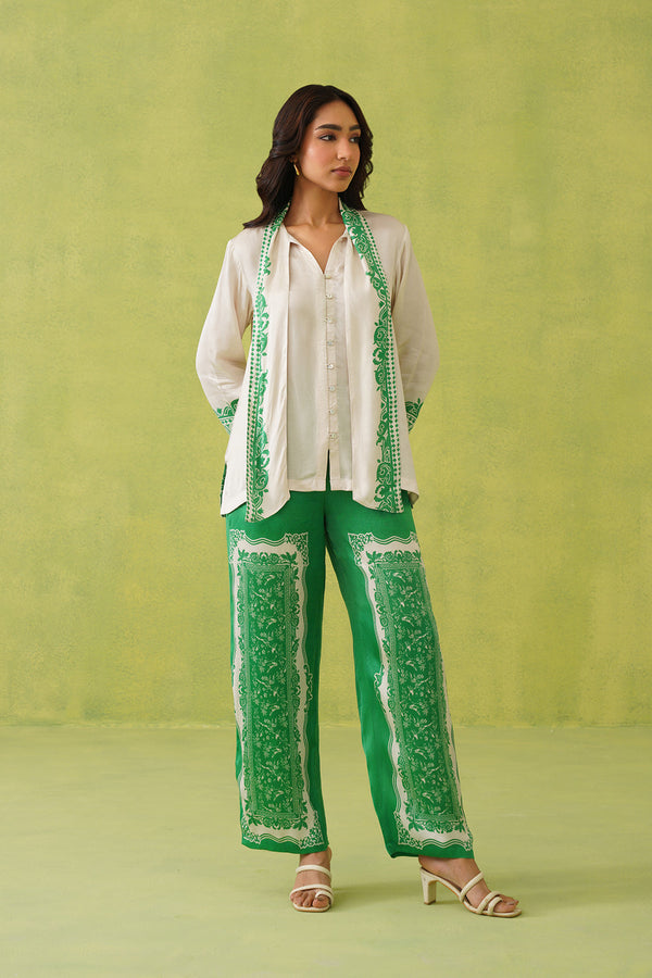 Cream Scarf Top with Green Printed Pant