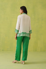 Cream Scarf Top with Green Printed Pant