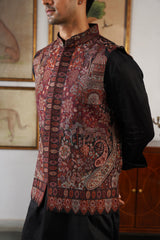 Naaz Deep Maroon Kani Paisley Nehru Jacket with Kurta & Pant