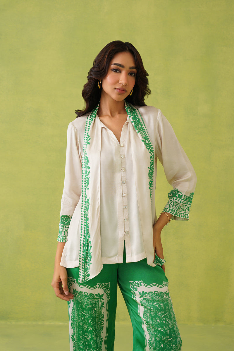 Cream Scarf Top with Green Printed Pant