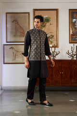 Black Silver Diamond Embroidered Nehru Jacket with Kurta & Pant