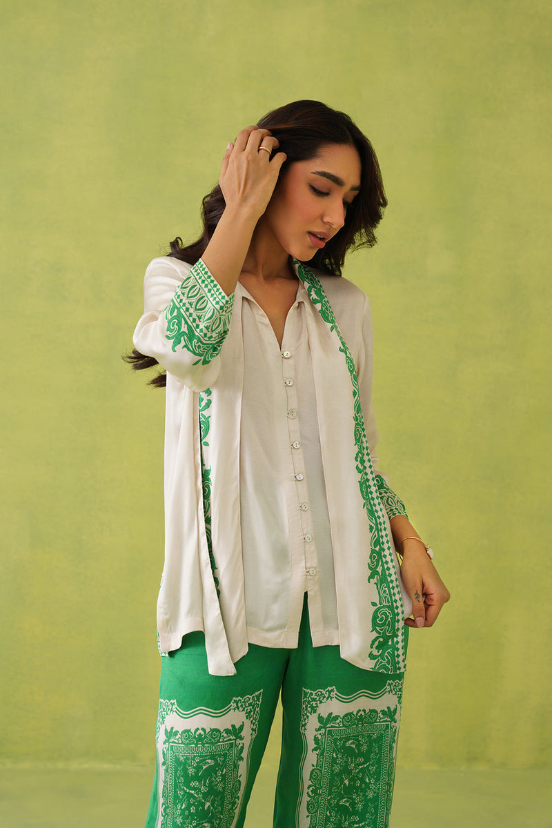 Cream Scarf Top with Green Printed Pant