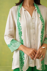 Cream Scarf Top with Green Printed Pant