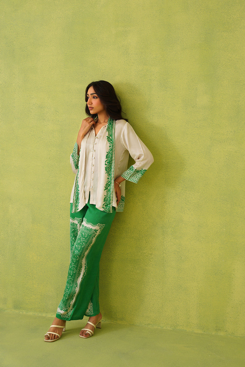 Cream Scarf Top with Green Printed Pant