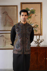 Teal-Gold Paisley Kani Jacket with Kurta & Pant