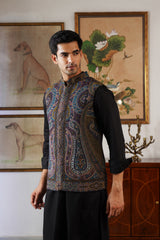 Teal-Gold Paisley Kani Jacket with Kurta & Pant