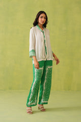 Cream Scarf Top with Green Printed Pant