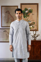 Ice Grey Embroidered Kurta Pant for Men