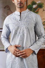 Ice Grey Embroidered Kurta Pant for Men