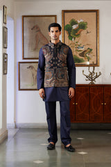 Navy Cream Paisley Kani Jacket with Kurta & Pant