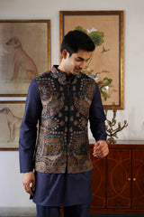Navy Cream Paisley Kani Jacket with Kurta & Pant