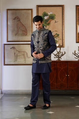 Naaz Navy Kaani Jacket with Kurta & Pant