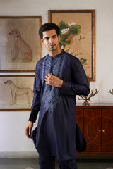 Naaz Navy Tone-on-Tone Embroidered Kurta for Men