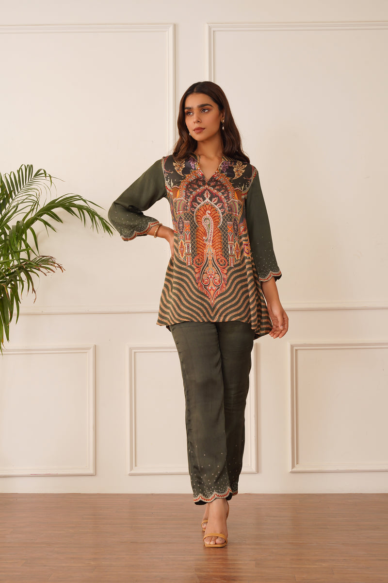Regal Olive Green Printed Co-ord Set