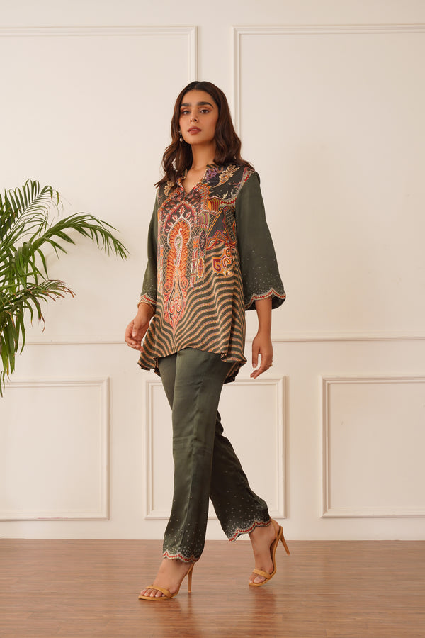 Regal Olive Green Printed Co-ord Set