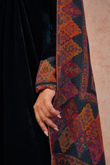 Teal Blue Velvet Suit Set with Woven Dupatta-Inching India