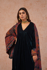Teal Blue Velvet Suit Set with Woven Dupatta-Inching India