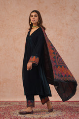 Teal Blue Velvet Suit Set with Woven Dupatta-Inching India