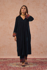 Teal Blue Velvet Suit Set with Woven Dupatta-Inching India