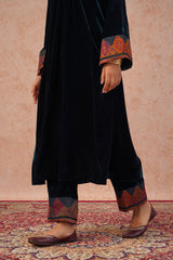 Teal Blue Velvet Suit Set with Woven Dupatta-Inching India