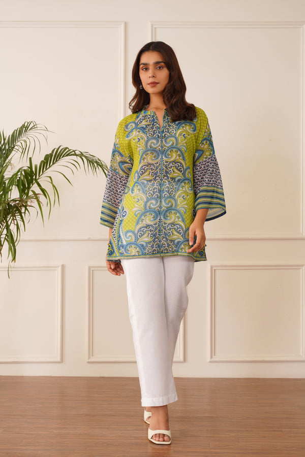 Blue Green Printed Top with White Linen Pants