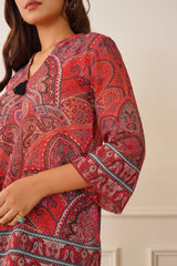 Red Printed Top with Black Pleated Pants
