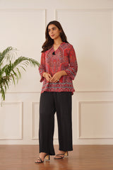 Red Printed Top with Black Pleated Pants
