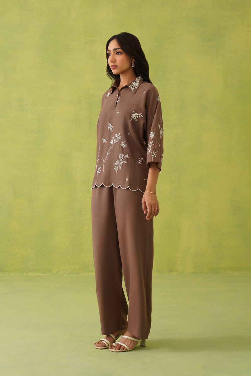 Brown Linen Embroidered Coord Set- Inchingindia