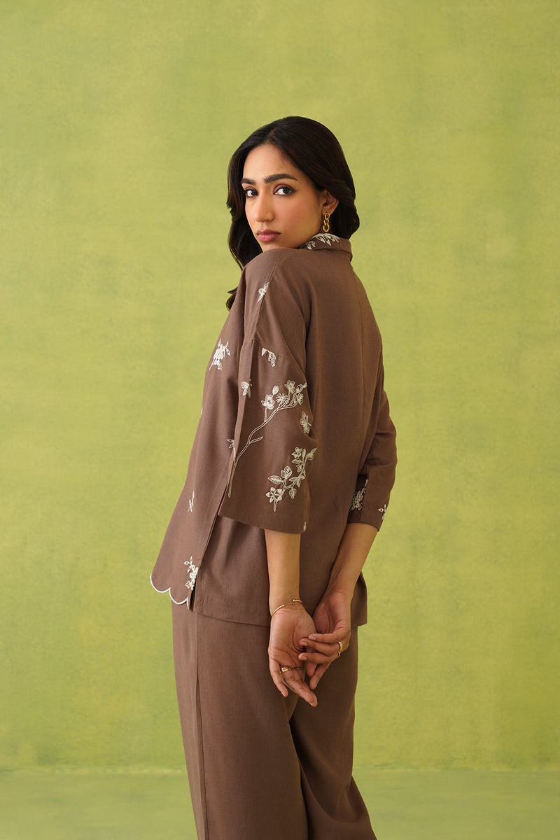 Brown Linen Embroidered Top