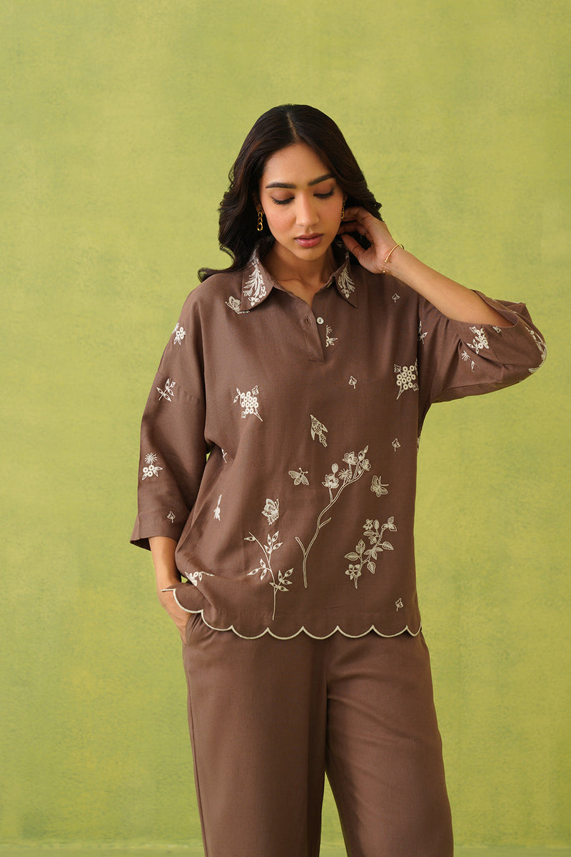 Brown Linen Embroidered Top