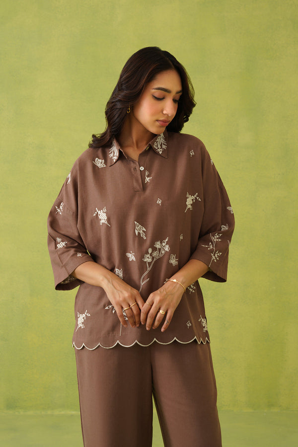 Brown Linen Embroidered Coord Set- Inchingindia