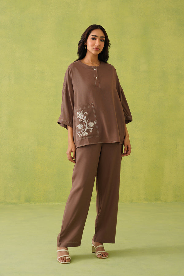 Noor Brown Linen Embroidered Coord Set