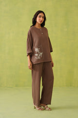 Noor Brown Linen Embroidered Top