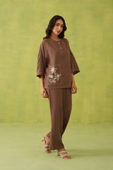 Noor Brown Linen Embroidered Top