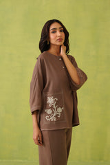 Noor Brown Linen Embroidered Top