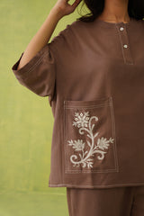 Noor Brown Linen Embroidered Top