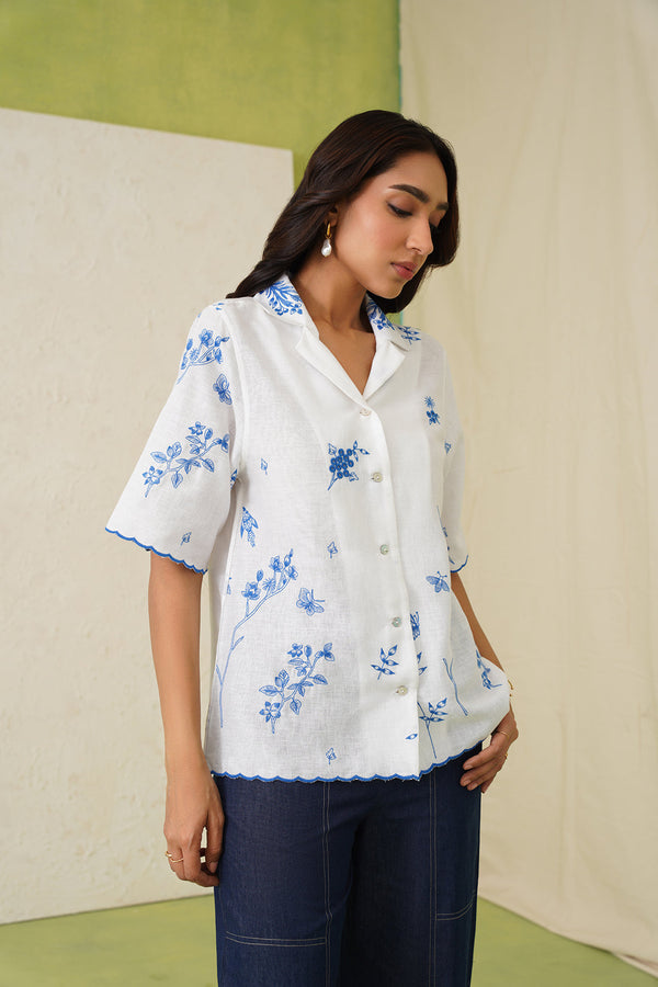 Linen Embroidered Top With Denim Pant