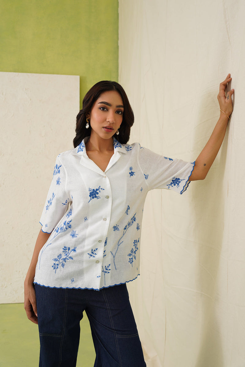 Linen Embroidered Top With Denim Pant