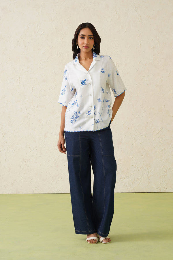 Linen Embroidered Top With Denim Pant