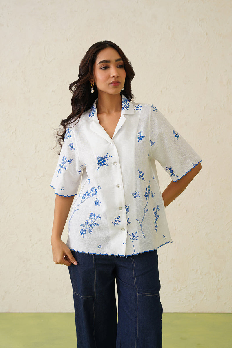 Linen Embroidered Top With Denim Pant