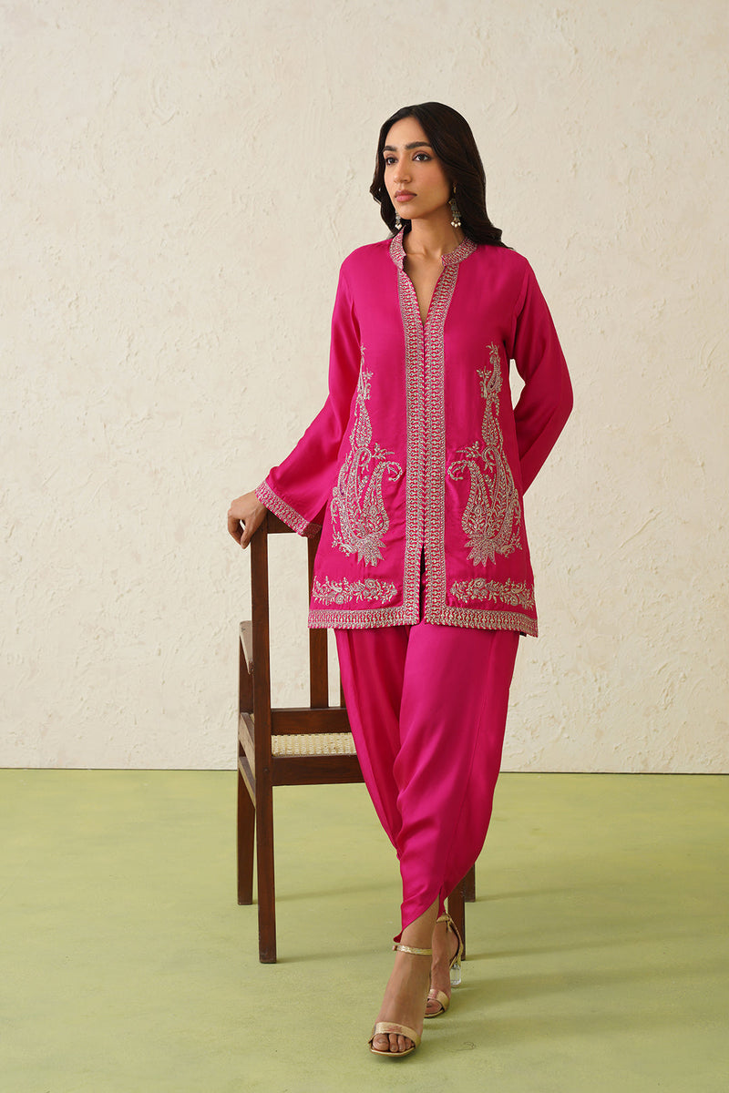 Hot Pink Paisley Embroidered Dhoti Set