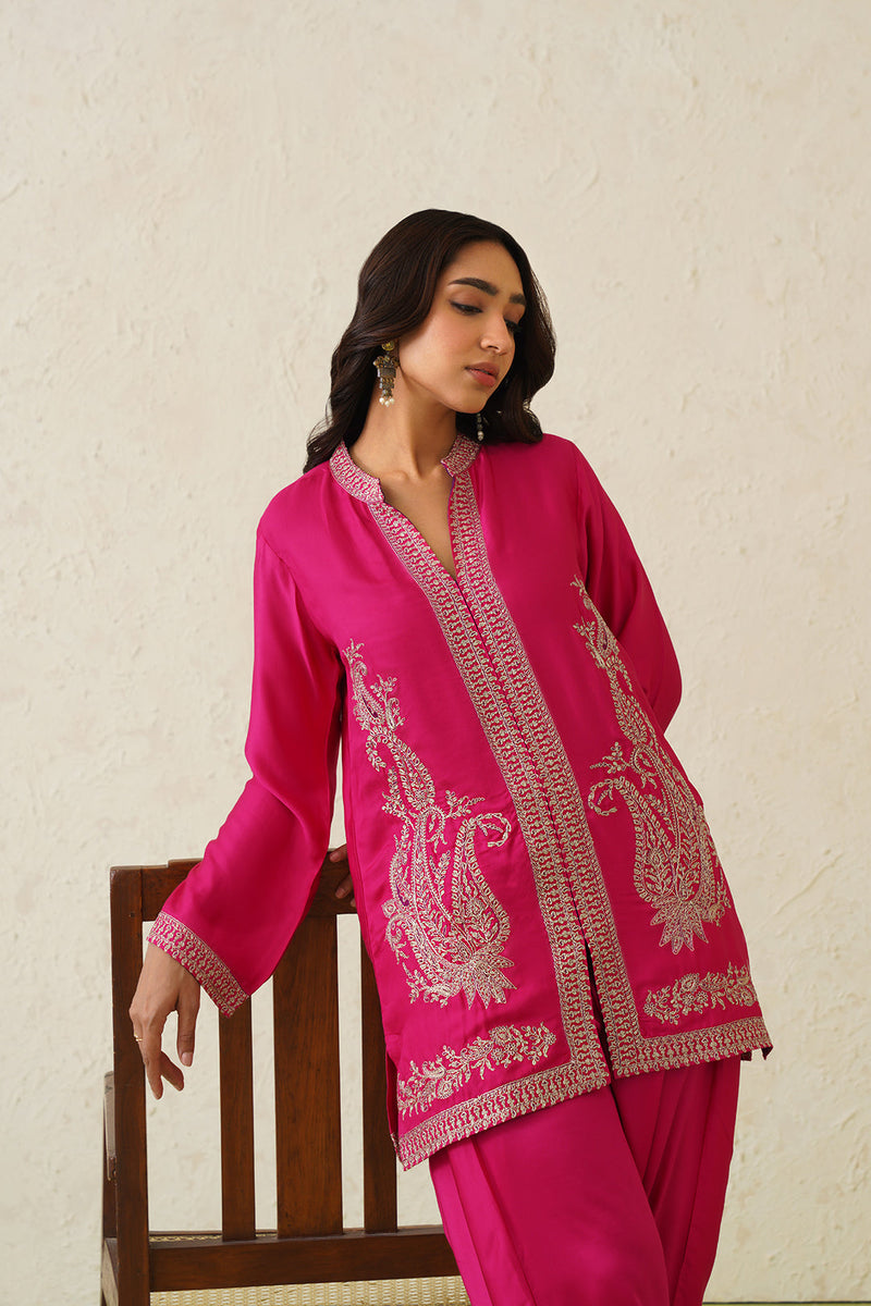 Hot Pink Paisley Embroidered Dhoti Set