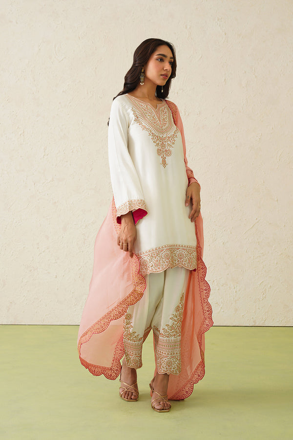 Noor Cream Embroidered Set with Organza Dupatta