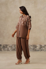 Naaz brown linen embroidered harem coord set