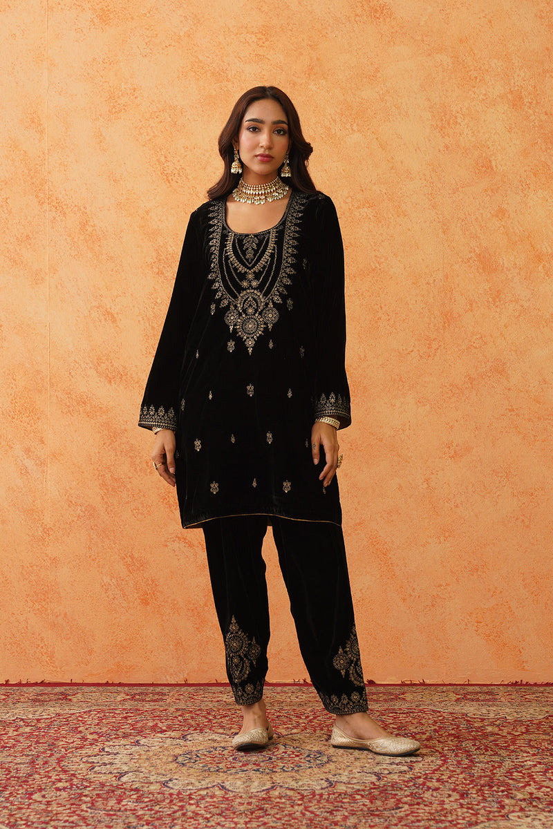 Black Velvet Embroidered Suit with Teal Contrast Dupatta- Inching India