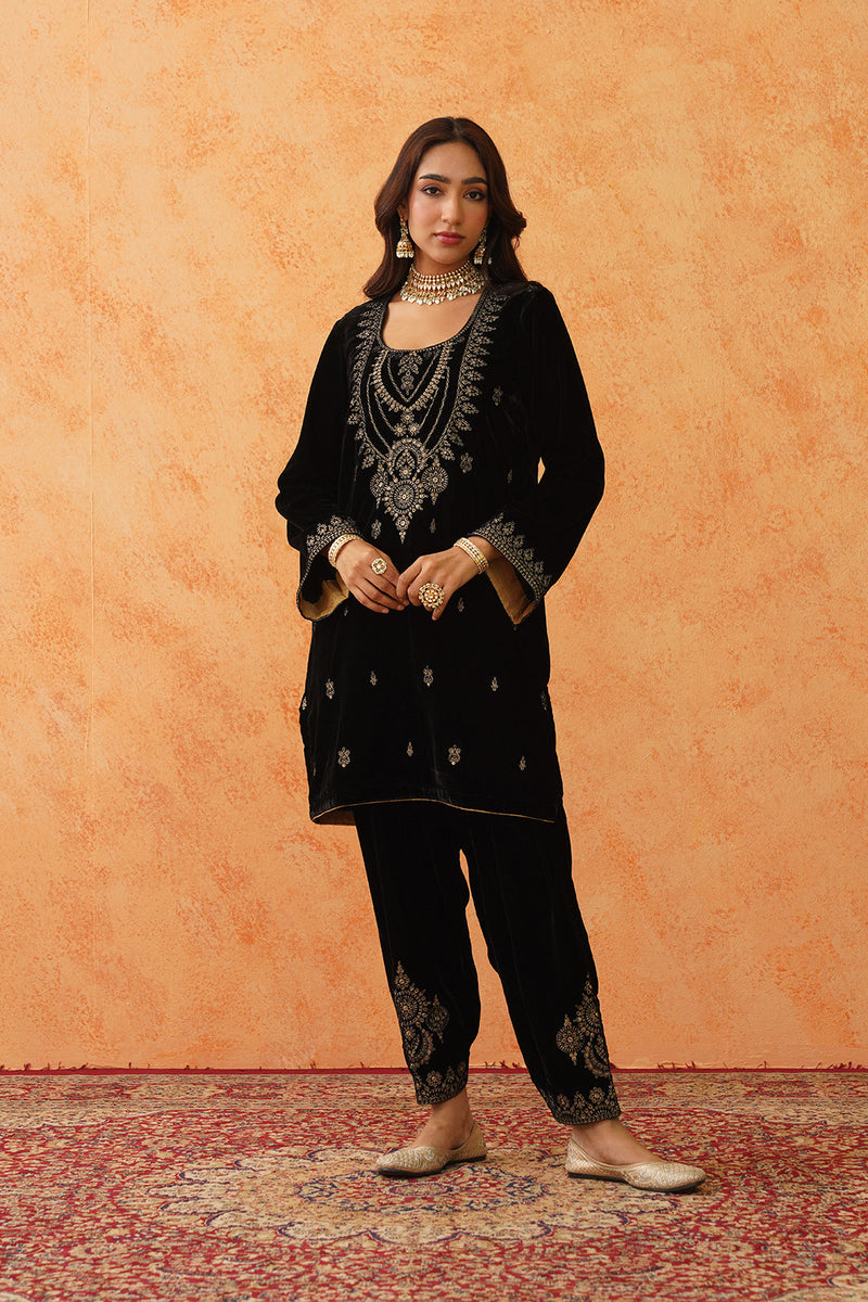 Black Velvet Embroidered Suit with Teal Contrast Dupatta- Inching India