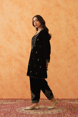 Black Velvet Embroidered Suit with Teal Contrast Dupatta- Inching India